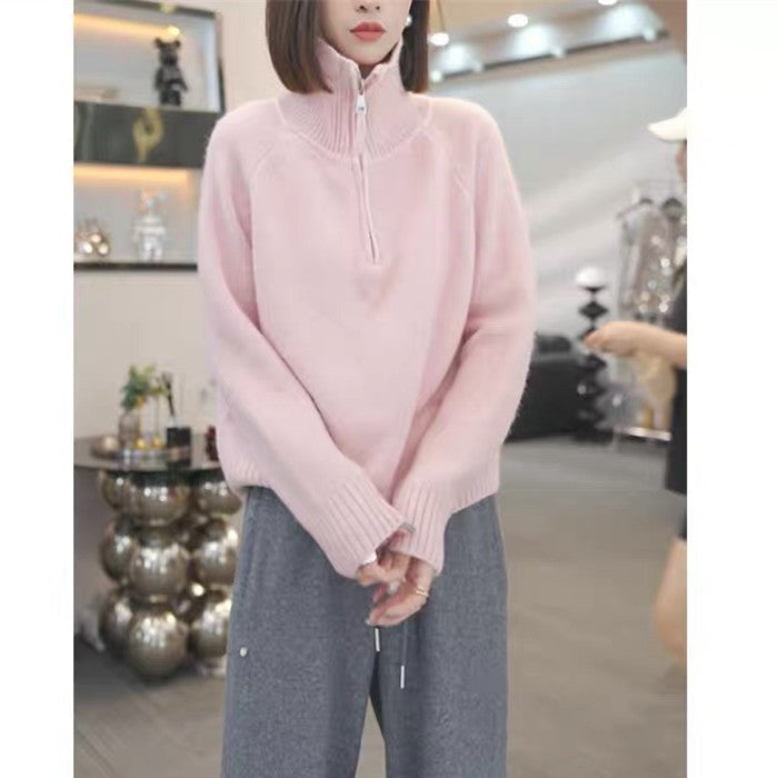 Knit sweater for women with high collar and practical zipper Lune London