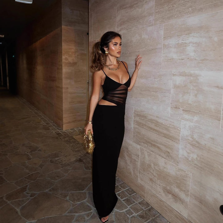 Maxi dress for women with refined asymmetrical design and elegant spaghetti straps Lune London