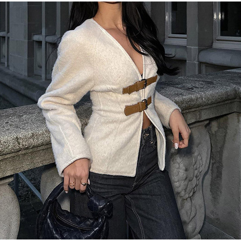 Women elegant teddy jacket with decorative loops Lune London