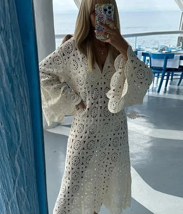 Ladies Airy Crochet Dress with Wide Sleeves Lune London