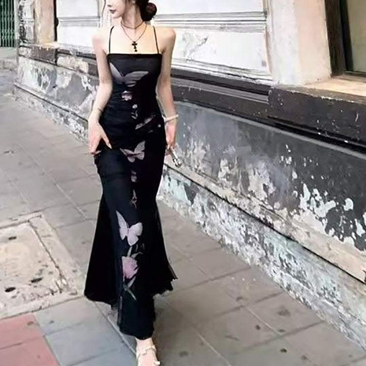 Ladies elegant wrap dress with floral butterfly print and adjustable spaghetti straps