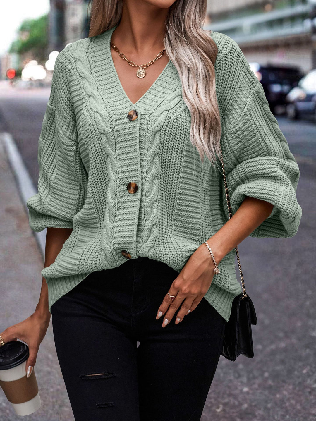 Cable knit patterned cardigan for women with button detail Lune London