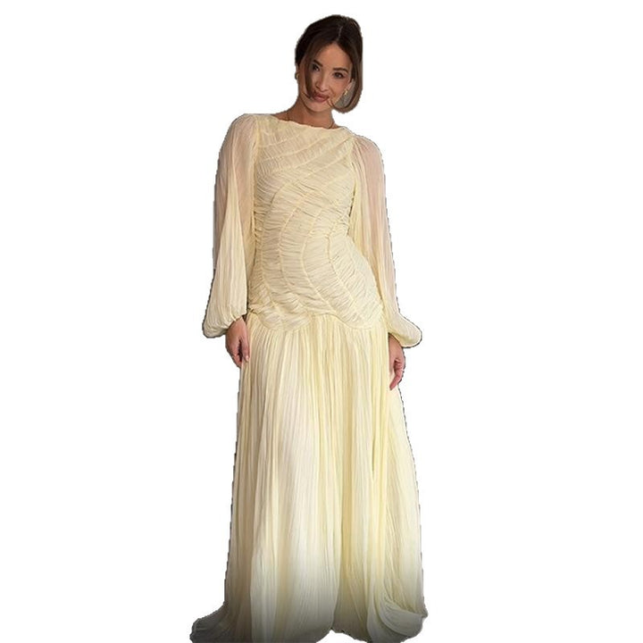 Maxi dress for women with refined pleats and elegant long sleeves Lune London