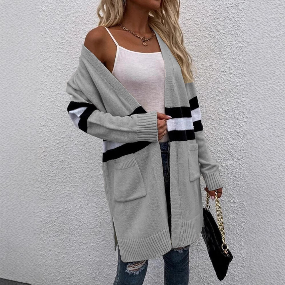 Women Open Knit Sweater with a Modern Striped Pattern and Practical Pockets Lune London