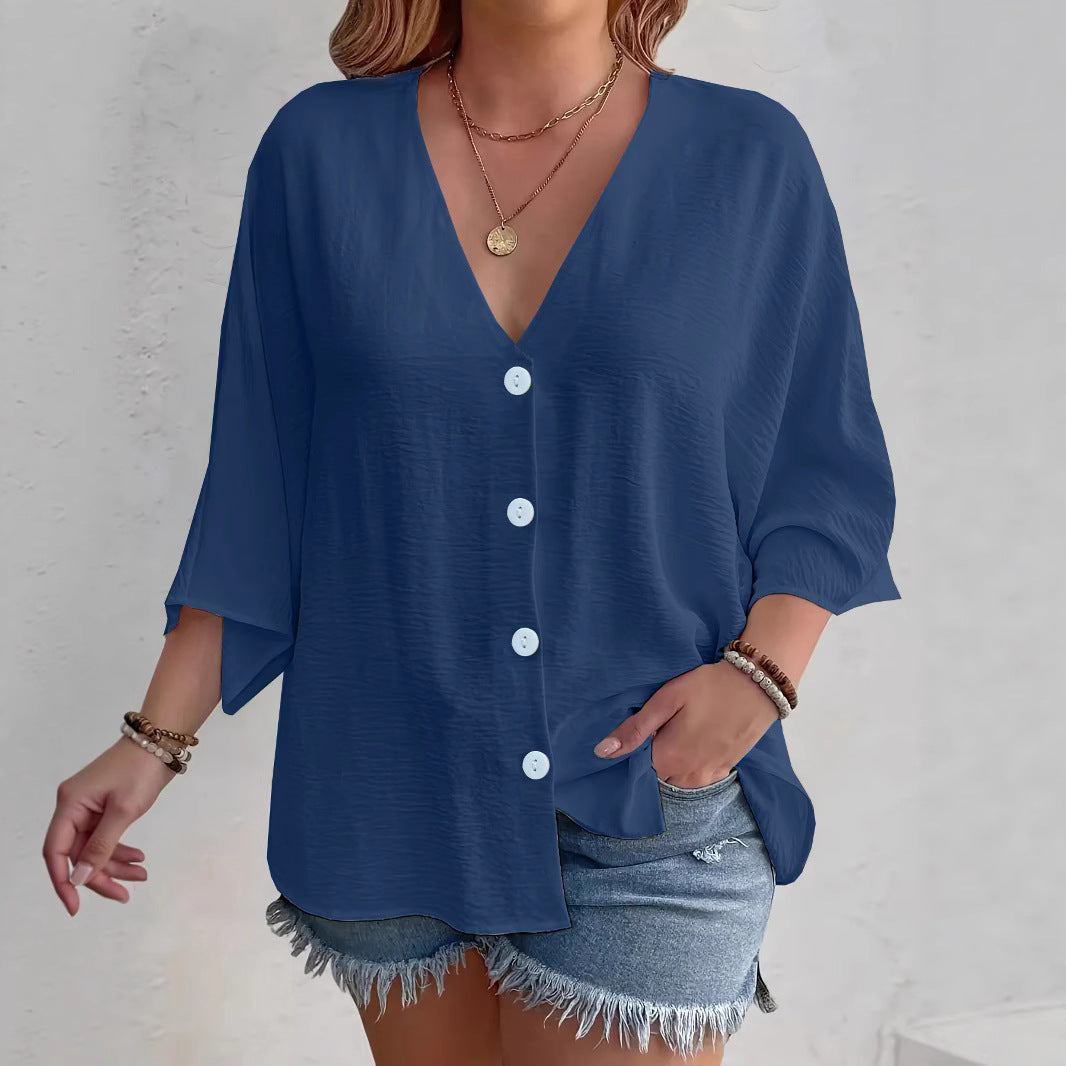 Short-sleeved advantageous blouse for ladies with button placket and V neckline Lune London