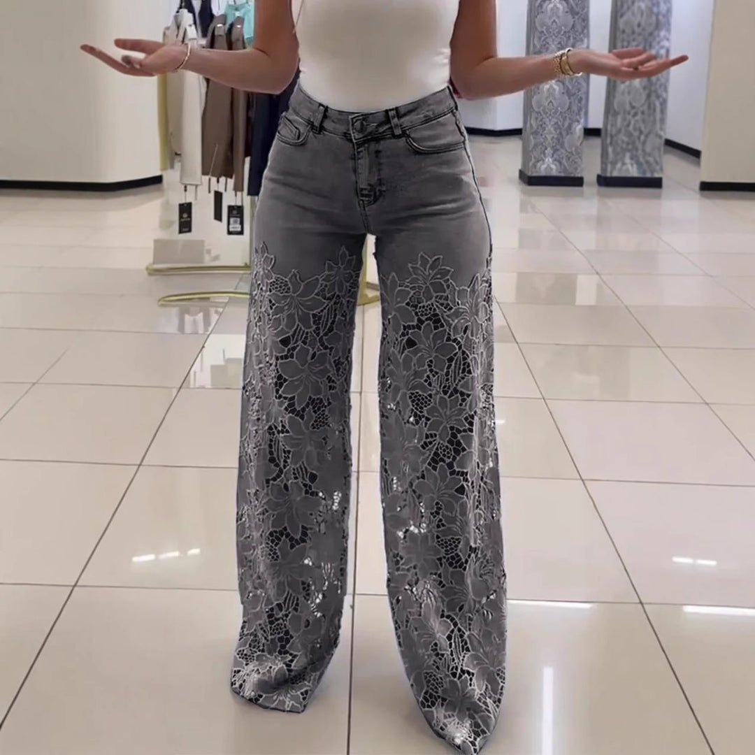 Wide Palazzo jeans for women with floral lace pattern Lune London