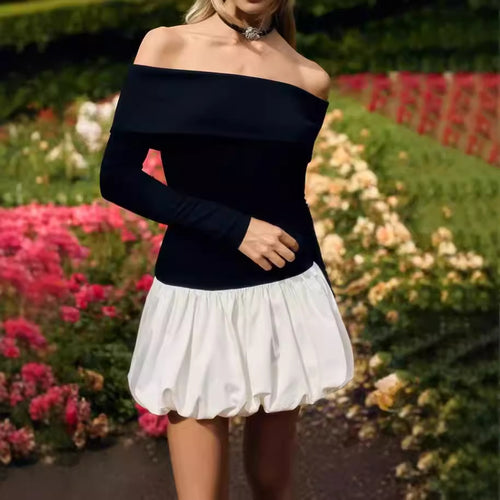 Off-the-shoulder mini dress for women with voluminous skirt and long sleeves Lune London