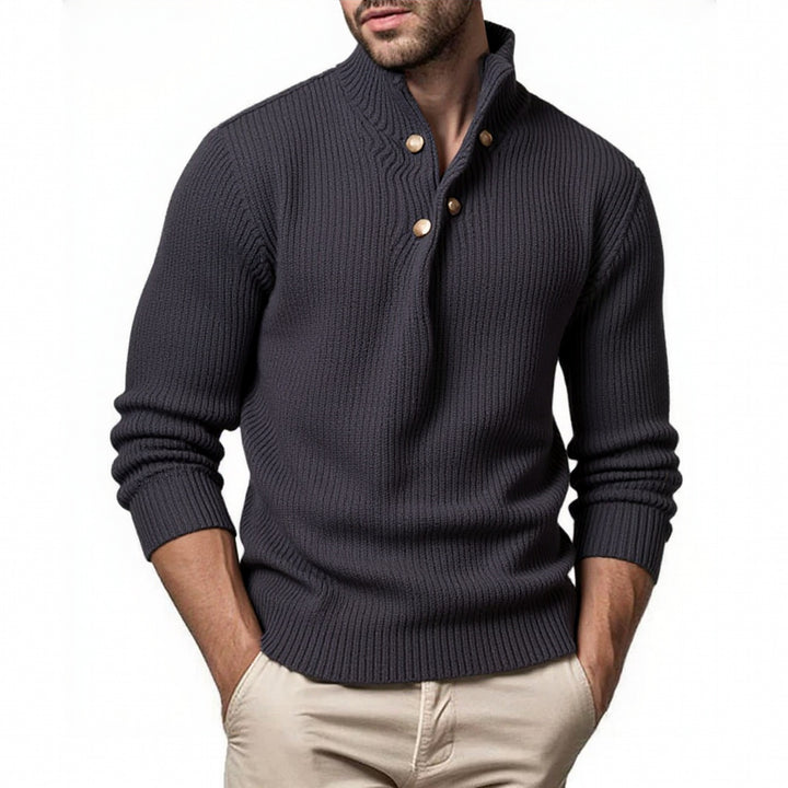 Trendy knitted pullover for men with high collar and asymmetric button placket Lune London