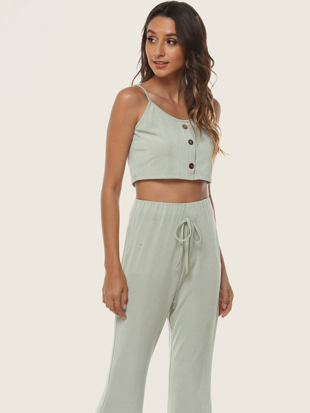 Women Short Ribbed Top and Flared Pants Set Lune London