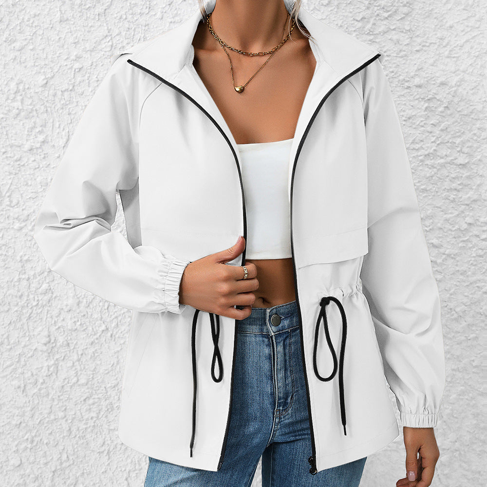 Multifunctional transition jacket for women with adjustable drawstring and elastic sleeve edges Lune London