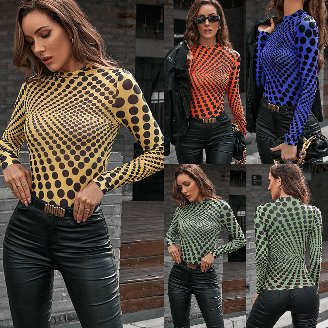 Fitted long sleeve women's t-shirt with chic and stylish graphic polka dot design