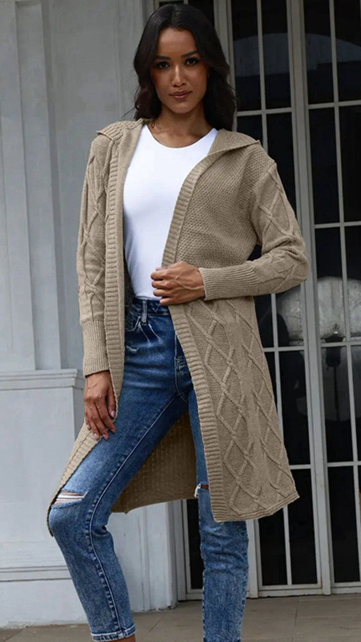 Knitted coat for women with hood and decorative braid design Lune London