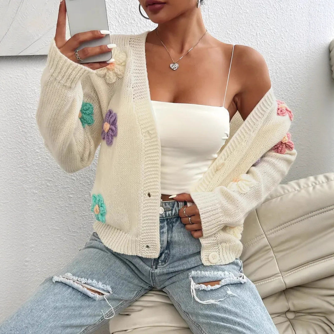 Ladies knit cardigan with hand-crocheted flower applications Lune London