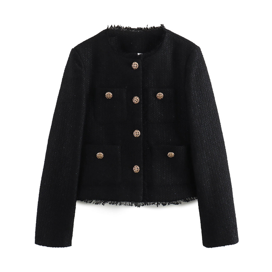 Elegant women's blazer cropped with textured fabric and gold button details Lune London