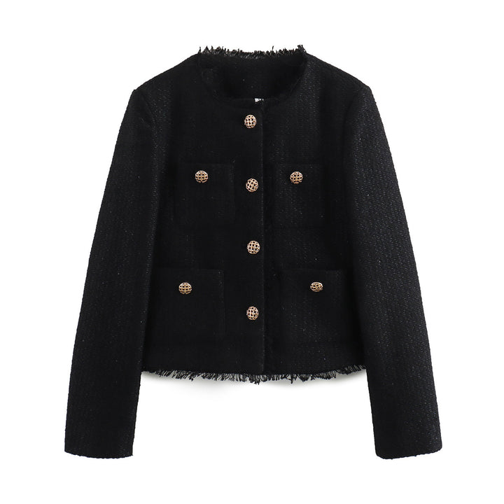 Elegant women's blazer cropped with textured fabric and gold button details Lune London