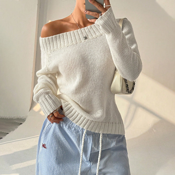 Off-the-shoulder knit sweater for women with textured knit pattern Lune London