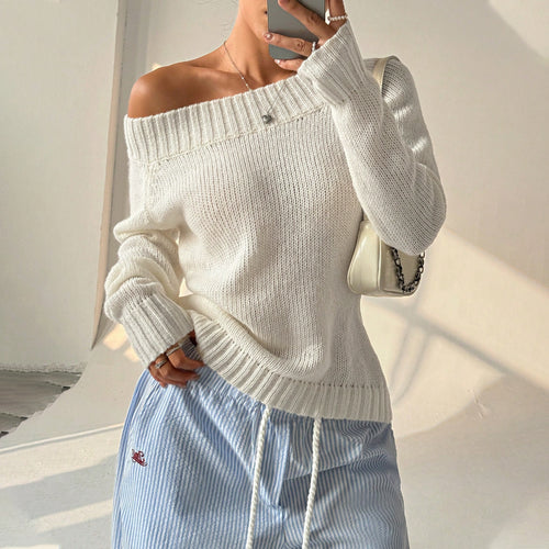 Off-the-shoulder knit sweater for women with textured knit pattern Lune London