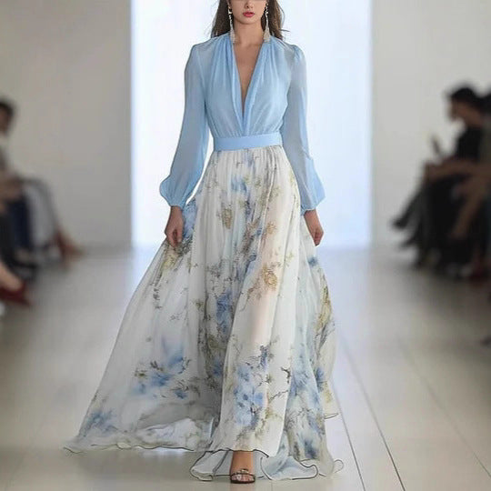 Lune London Elegant puff sleeve floral chiffon maxi dress for women
