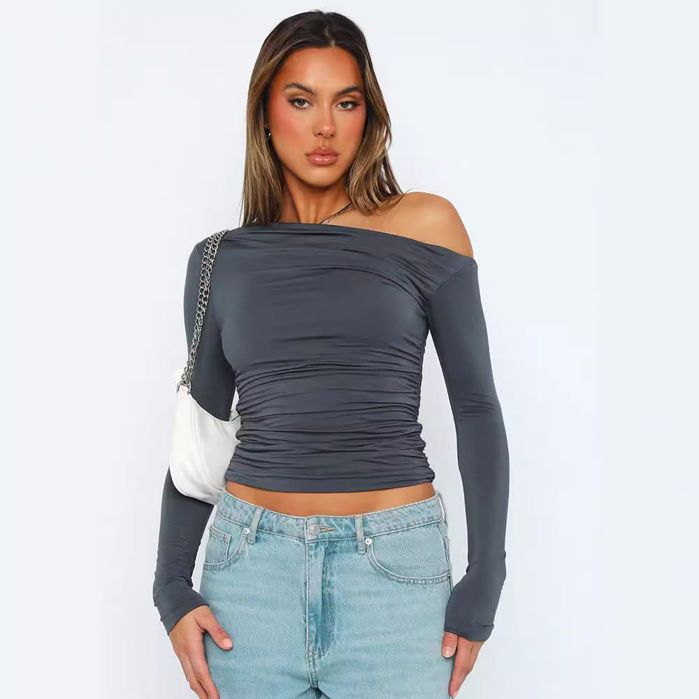 Stylish oversized shirt for women with offset collar and gathers Lune London