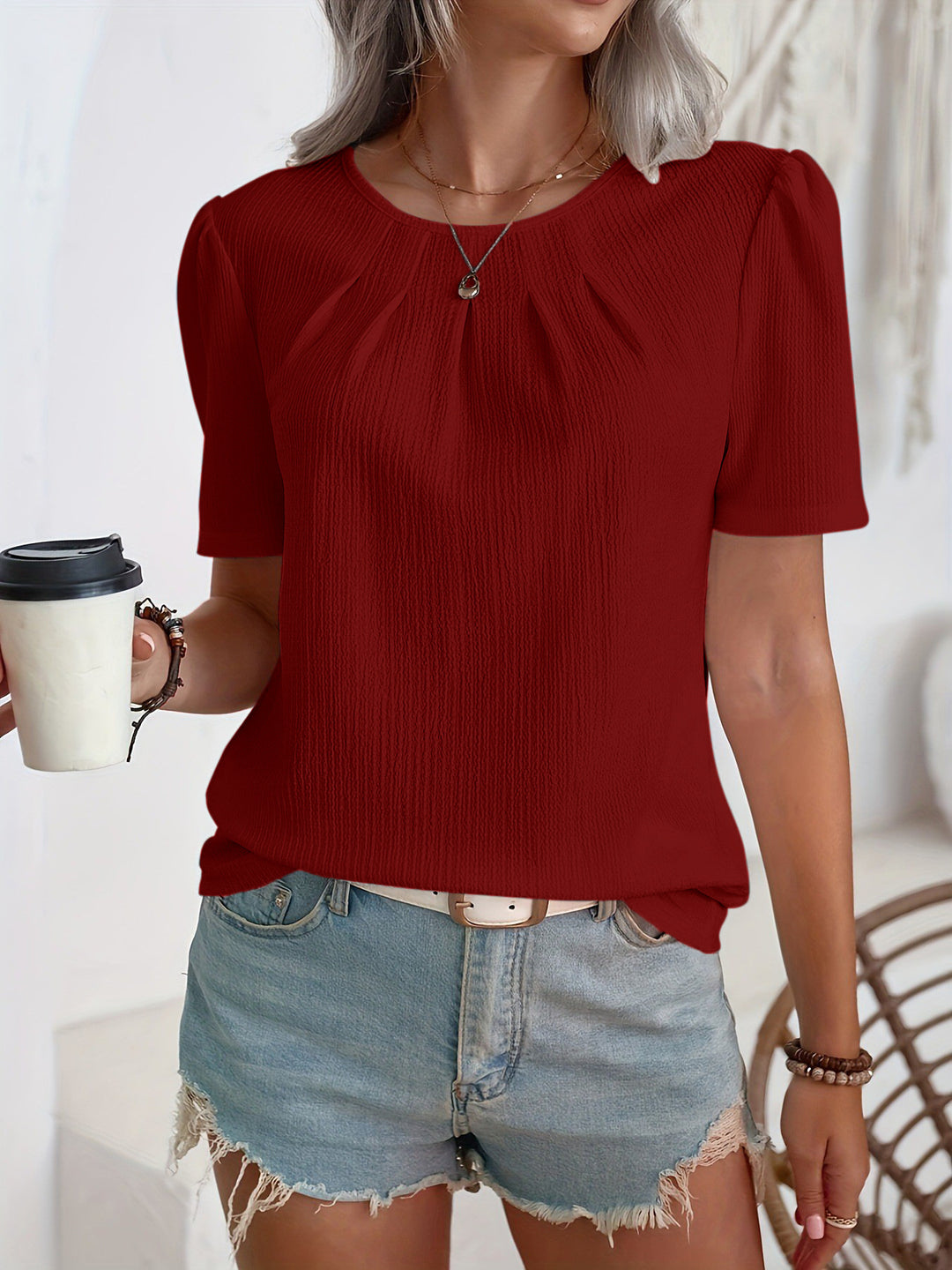 Women's Fashion Top with Textured Design and Puff Sleeves Lune London