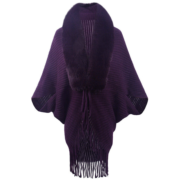 Women's Luxurious Knit Poncho with Elegant Faux Fur Collar and Fringes Lune London