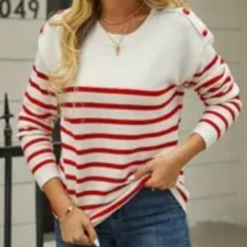 Knitted sweater for women with striped pattern and button details Lune London