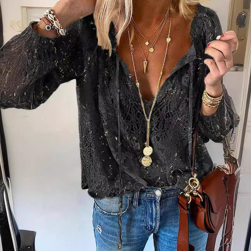 Women's elegant blouse with fine lace and deep V-neck Lune London