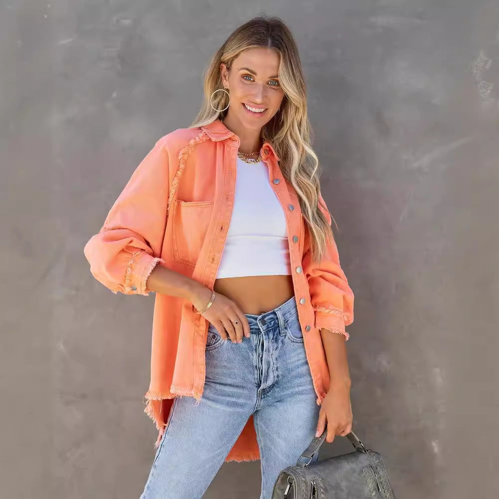 Oversized denim shirt for women with fringes Chic & Stil