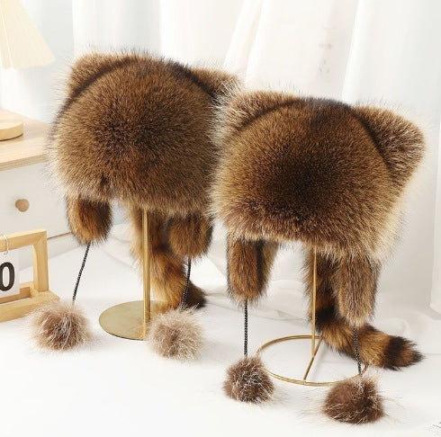 Women's Cozy Ear Hat Made Of Faux Fur with Side Pompoms Lune London