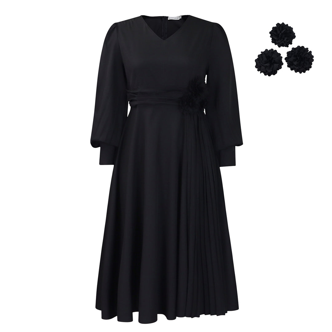 Elegant dress for women with decorative floral accent and draping Lune London