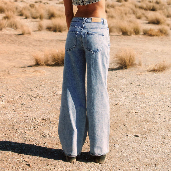 Women High-Waisted Wide Leg Jeans with Subtle Distressing Lune London