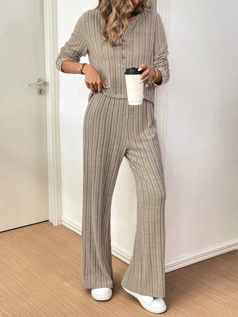 Casual set for women with textured rib pattern and button detail Lune London