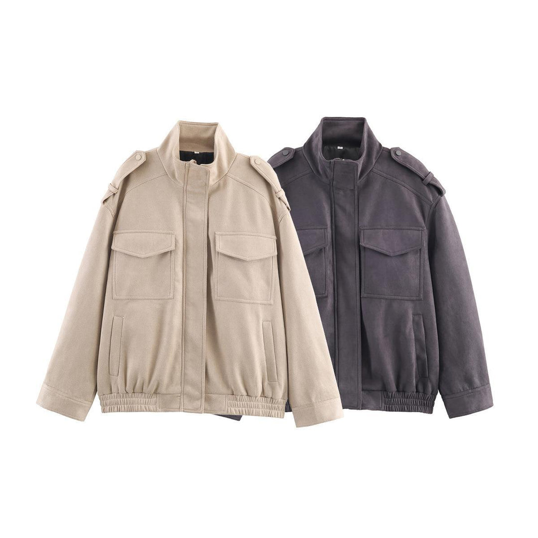 Faux leather jacket for women with practical flap pockets and modern high collar Lune London