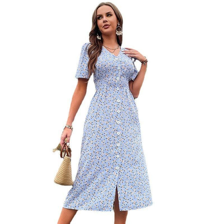 Midi floral dress with wrap neckline for women with side slit detail Lune London