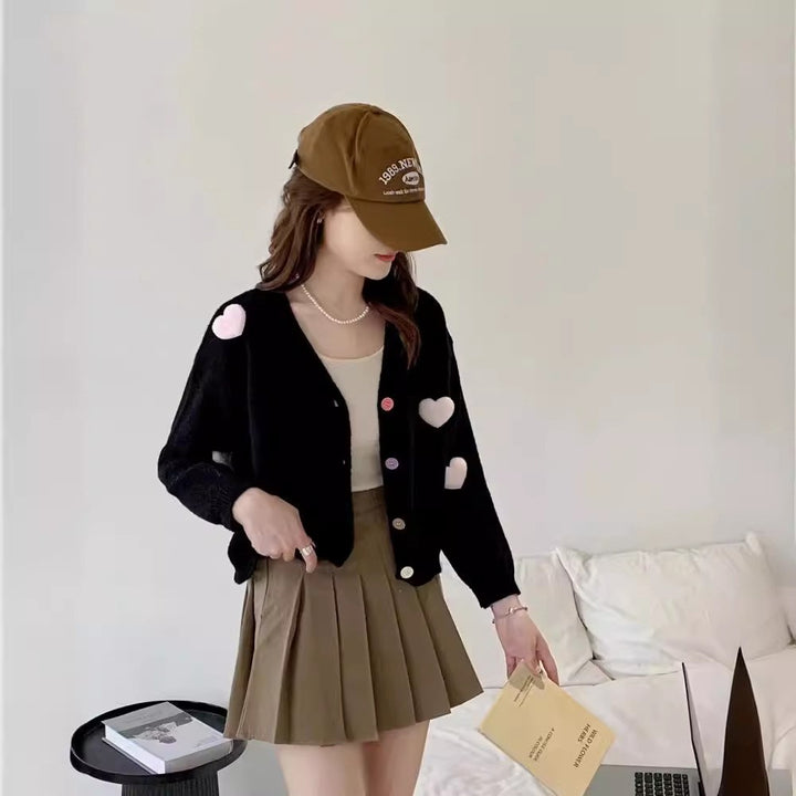 Women Comfortable Knit Jacket with Hearts and Colorful Button Details Lune London