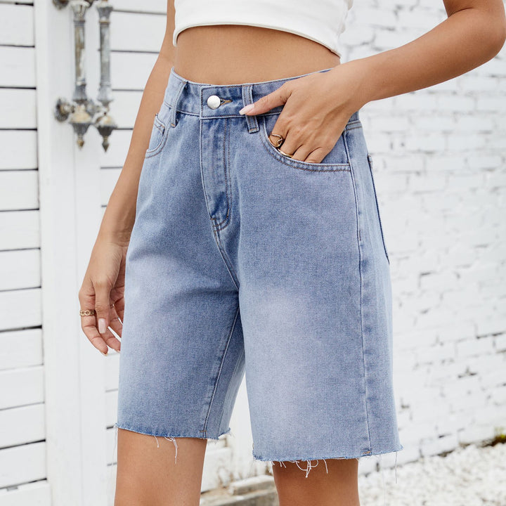 Women's denim shorts with a modern cut and frayed edges Lune London