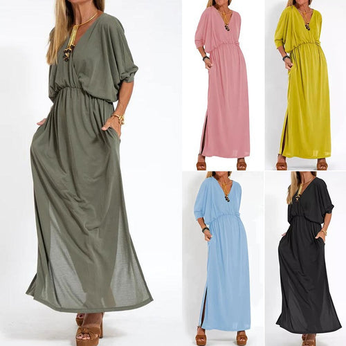 Casual maxi dress for women with V-neck and side slits Lune London