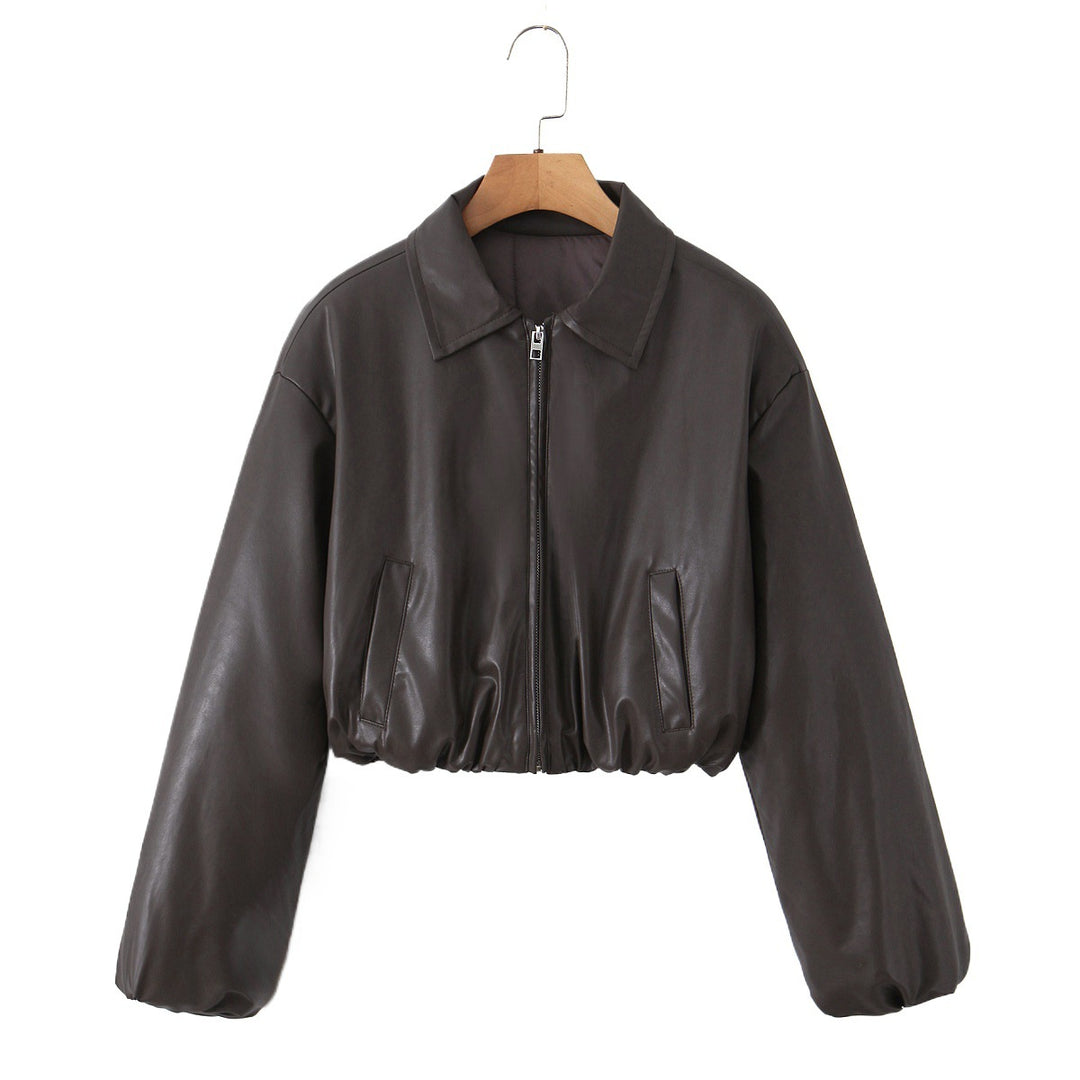 Cropped faux leather jacket for women with elastic waist and classic high collar Lune London