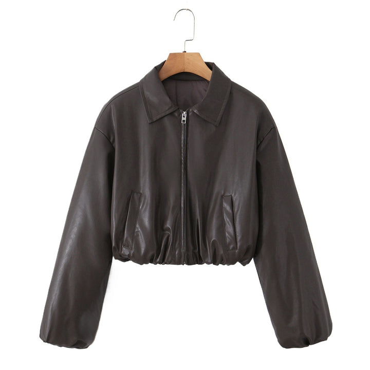 Cropped faux leather jacket for women with elastic waist and classic high collar Lune London
