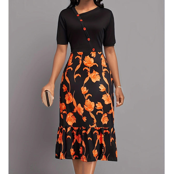 Ladies Elegant Dress with Floral Pattern and Lune London Button Details