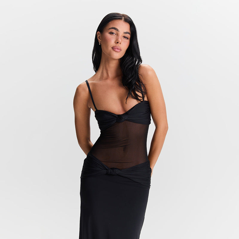 Maxi Dress for women with deep V-neck and refined knot details Lune London