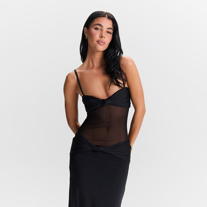 Maxi Dress for women with deep V-neck and refined knot details Lune London