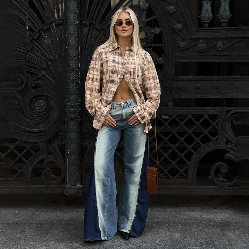 Oversized shirt for women with a casual check pattern and split sleeves Lune London