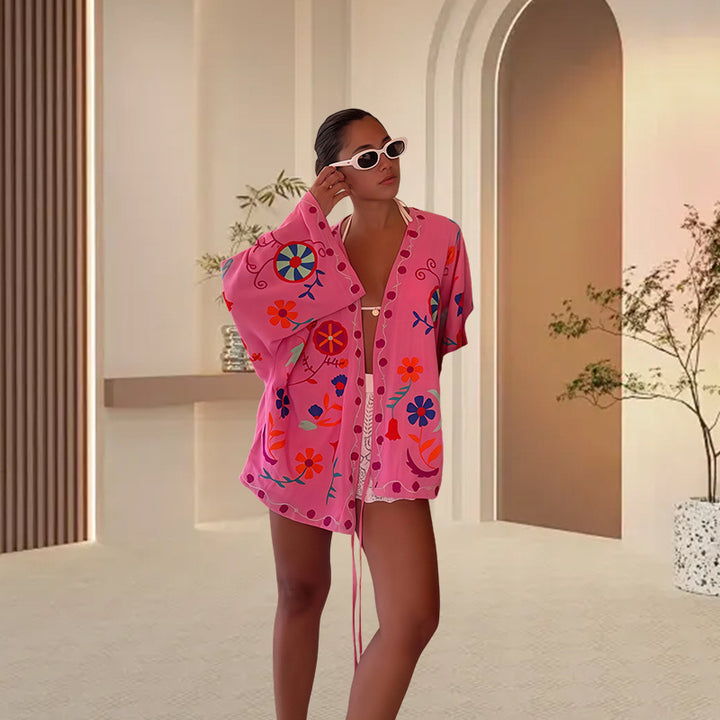 Ladies beach kimono with colorful floral pattern and relaxed fit Lune London