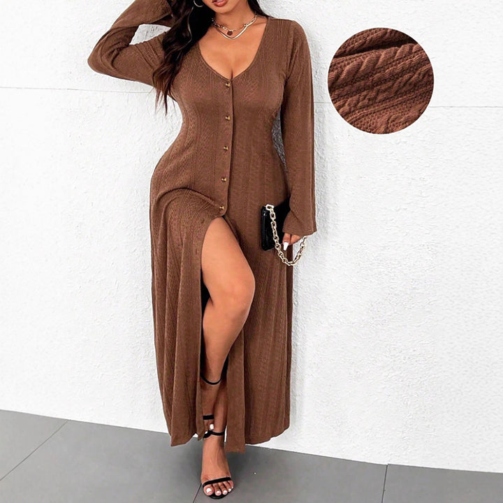 Maxi dress for women with button placket and elegant slit Lune London