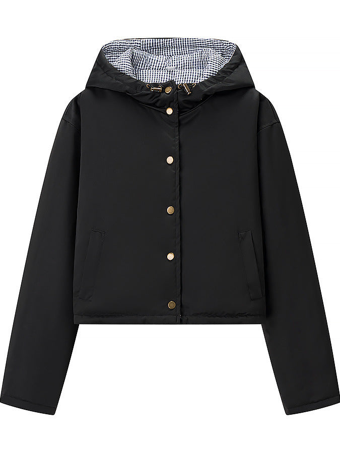 Stylish transition jacket for women with hood and snap button closure Lune London