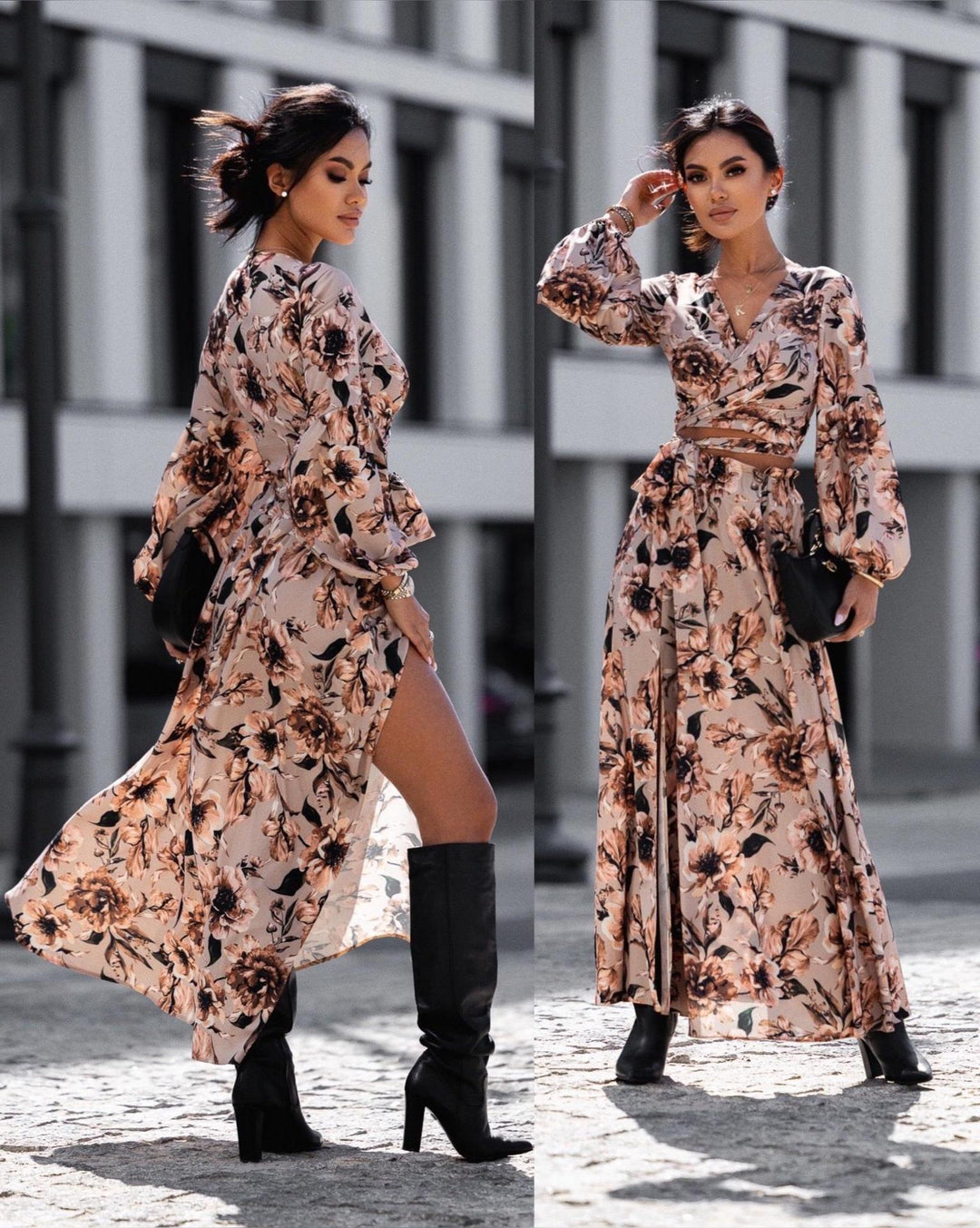 Maxi wrap dress for women with fixed waist belt and refined ruffled sleeves Lune London