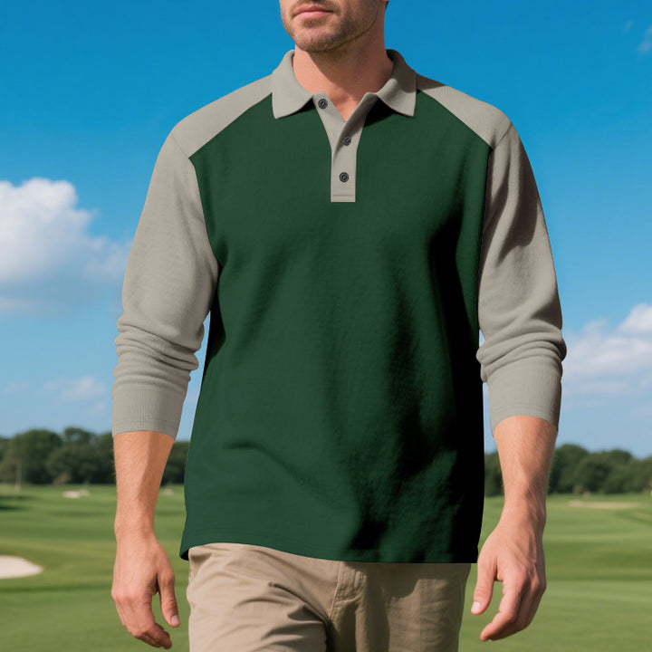 Men's long sleeve polo shirt with contrasting sleeves in breathable cotton blend Lune London