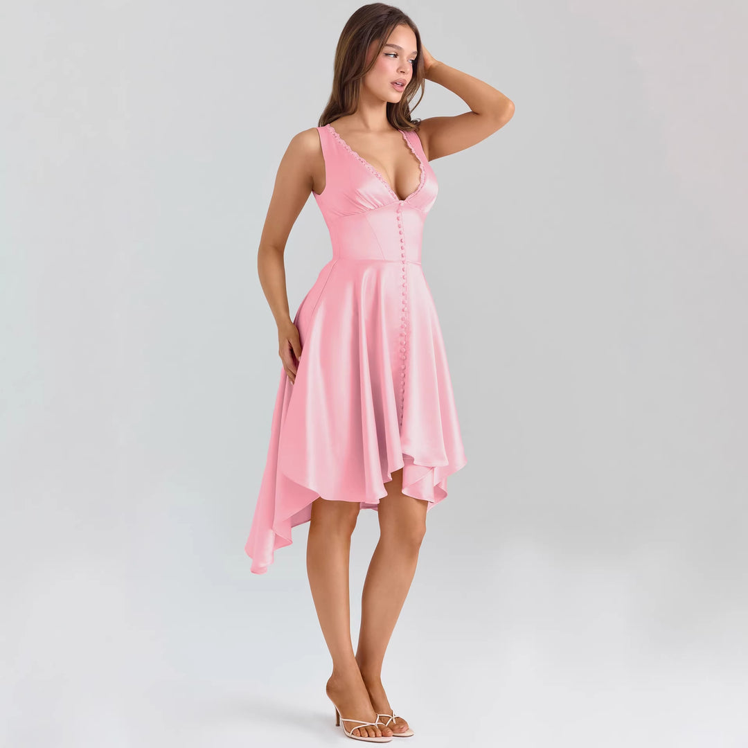 Women Playful Evening Dress with Asymmetrical Hem and Delicate Button Details Lune London