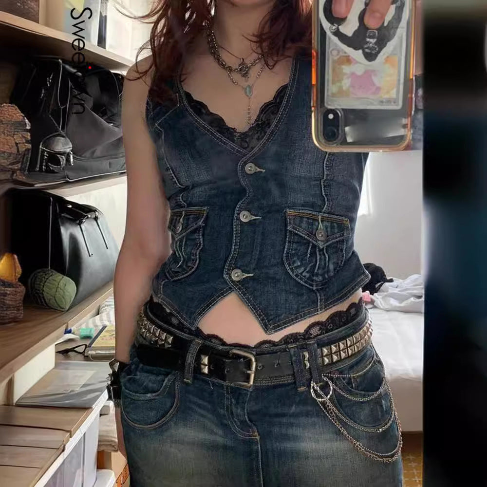 Women's denim bustier jacket with nostalgic lace insert and decorative button details Lune London